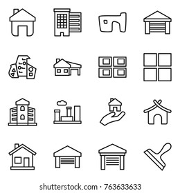 Thin line icon set : home, houses, slum, garage, modern architecture, house with, panel, window, building, city, real estate, bungalow, scraper