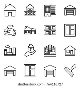 Thin line icon set : home, cottage, houses, garage, modern architecture, house with, panel, window, city, real estate, office, scraper