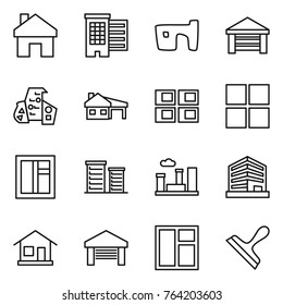 Thin line icon set : home, houses, slum, garage, modern architecture, house with, panel, window, district, city, office, scraper