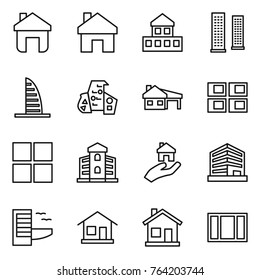 Thin line icon set : home, cottage, skyscrapers, skyscraper, modern architecture, house with garage, panel, window, building, real estate, office, hotel