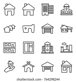 Thin line icon set : home, houses, mansion, slum, garage, house with, modular, window, building, city, real estate, bungalow