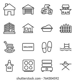 Thin line icon set : home, garage, modern architecture, japanese house, office, washing, fence, rocking chair, welcome mat, slippers, pool, apron, hob, double boiler, iron board