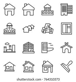 Thin line icon set : home, cottage, houses, mansion, modern architecture, window, city, office, hotel, bungalow, house, scraper