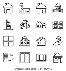 Thin line icon set : home, mansion, cottage, skyscraper, modern architecture, house with garage, panel, window, building, real estate, hotel