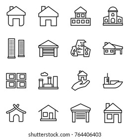 Thin line icon set : home, cottage, mansion, skyscrapers, garage, modern architecture, house with, panel, city, real estate, sea shipping, bungalow