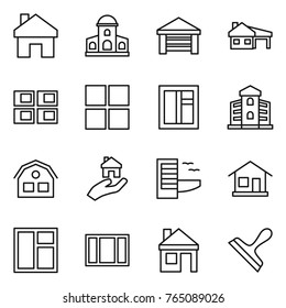 Thin line icon set : home, mansion, garage, house with, panel, window, building, real estate, hotel, scraper