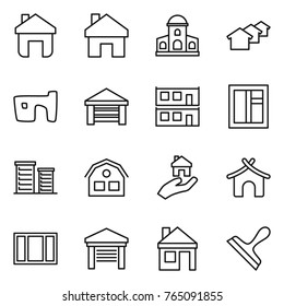 Thin line icon set : home, mansion, houses, slum, garage, modular house, window, district, real estate, bungalow, scraper
