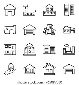 Thin line icon set : home, mansion, cottage, skyscrapers, slum, garage, modern architecture, house with, modular, building, district, city, real estate