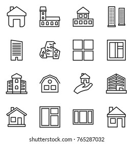 Thin line icon set : home, mansion, cottage, skyscrapers, skyscraper, modern architecture, window, building, house, real estate, office