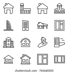 Thin line icon set : home, mansion, skyscraper, house with garage, window, building, real estate, hotel