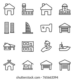 Thin line icon set : home, mansion, skyscrapers, skyscraper, slum, garage, house with, modular, real estate, sea shipping, bungalow