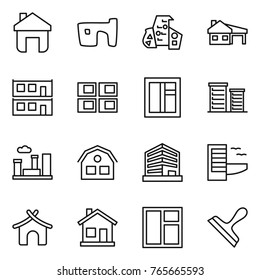 Thin line icon set : home, slum, modern architecture, house with garage, modular, panel, window, district, city, office, hotel, bungalow, scraper