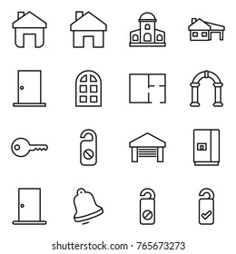Thin line icon set : home, mansion, house with garage, door, arch window, plan, key, do not distrub, fridge, bell, please clean