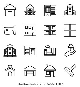 Thin line icon set : home, cottage, houses, mansion, slum, modular house, panel, window, building, district, city, real estate, bungalow, garage, scraper