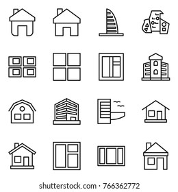 Thin line icon set : home, skyscraper, modern architecture, panel house, window, building, office, hotel