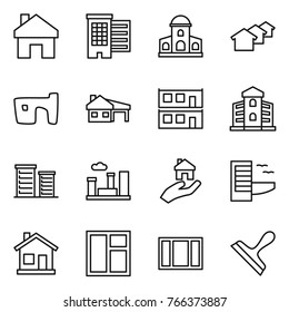 Thin line icon set : home, houses, mansion, slum, house with garage, modular, building, district, city, real estate, hotel, window, scraper