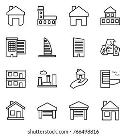 Thin line icon set : home, mansion, cottage, houses, skyscraper, modern architecture, modular house, city, real estate, hotel, garage