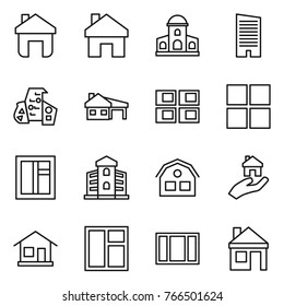 Thin line icon set : home, mansion, skyscraper, modern architecture, house with garage, panel, window, building, real estate