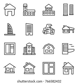 Thin line icon set : home, mansion, cottage, skyscrapers, skyscraper, modern architecture, house with garage, window, building, hotel