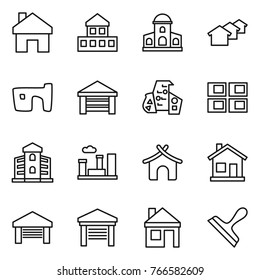 Thin line icon set : home, cottage, mansion, houses, slum, garage, modern architecture, panel house, building, city, bungalow, scraper