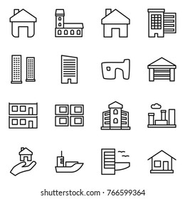 Thin line icon set : home, mansion, houses, skyscrapers, skyscraper, slum, garage, modular house, panel, building, city, real estate, sea shipping, hotel