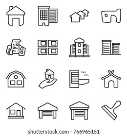Thin line icon set : home, houses, slum, modern architecture, panel house, building, district, real estate, hotel, bungalow, garage, scraper