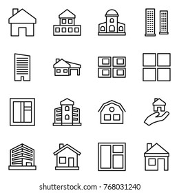 Thin line icon set : home, cottage, mansion, skyscrapers, skyscraper, house with garage, panel, window, building, real estate, office