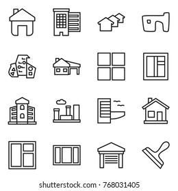 Thin line icon set : home, houses, slum, modern architecture, house with garage, window, building, city, hotel, scraper