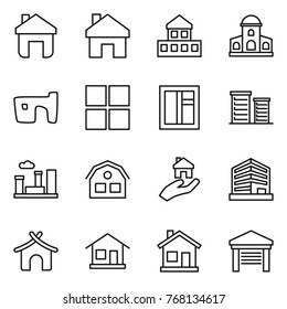Thin line icon set : home, cottage, mansion, slum, window, district, city, house, real estate, office, bungalow, garage