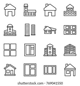 Thin line icon set : home, mansion, cottage, skyscrapers, house with garage, panel, window, building, office