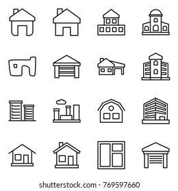 Thin line icon set : home, cottage, mansion, slum, garage, house with, building, district, city, office, window