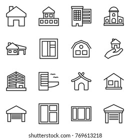 Thin line icon set : home, cottage, houses, mansion, house with garage, window, real estate, office, hotel, bungalow