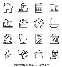 Thin line icon set : home, mansion, building, district, city, house, barometer, bath, mirror, toilet, speaker, fireplace, apron, wiping, hanger, housing
