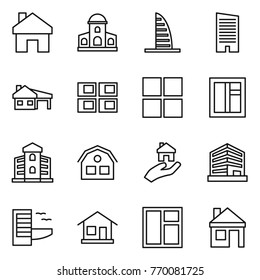 Thin line icon set : home, mansion, skyscraper, house with garage, panel, window, building, real estate, office, hotel