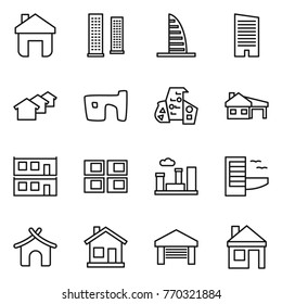 Thin line icon set : home, skyscrapers, skyscraper, houses, slum, modern architecture, house with garage, modular, panel, city, hotel, bungalow