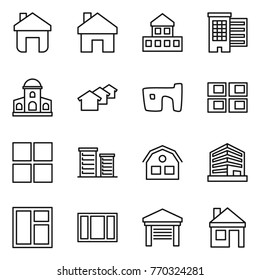 Thin line icon set : home, cottage, houses, mansion, slum, panel house, window, district, office, garage