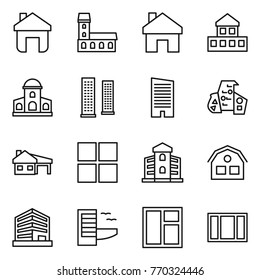 Thin line icon set : home, mansion, cottage, skyscrapers, skyscraper, modern architecture, house with garage, window, building, office, hotel