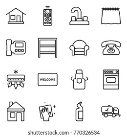 Thin line icon set : home, remote control, water tap, curtain, intercome, rack, armchair, phone, air conditioning, welcome mat, apron, oven, house, wiping, toilet cleanser, call cleaning
