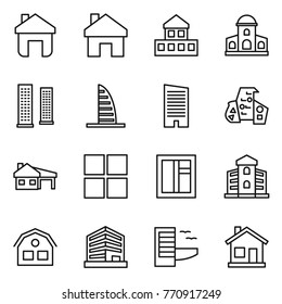 Thin line icon set : home, cottage, mansion, skyscrapers, skyscraper, modern architecture, house with garage, window, building, office, hotel