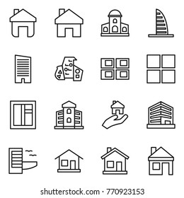Thin line icon set : home, mansion, skyscraper, modern architecture, panel house, window, building, real estate, office, hotel