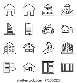 Thin line icon set : home, cottage, mansion, skyscraper, modern architecture, house with garage, building, real estate, office, hotel, window
