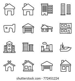 Thin Line Icon Set : Home, Houses, Skyscrapers, Slum, Garage, House With, Modular, Building, District, City, Sea Shipping, Bungalow