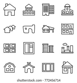 Thin line icon set : home, cottage, houses, mansion, slum, house with garage, modular, panel, window, district, city, bungalow