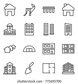 Thin line icon set : home, greate wall, bridge, mansion, building, skyscrapers, skyscraper, houses, hangare, modular house, panel, construction, plan, office