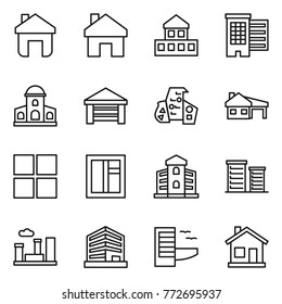 Thin line icon set : home, cottage, houses, mansion, garage, modern architecture, house with, window, building, district, city, office, hotel