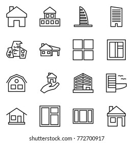Thin line icon set : home, cottage, skyscraper, modern architecture, house with garage, window, real estate, office, hotel