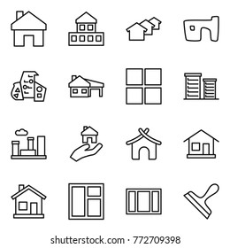 Thin line icon set : home, cottage, houses, slum, modern architecture, house with garage, window, district, city, real estate, bungalow, scraper