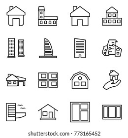 Thin line icon set : home, mansion, cottage, skyscrapers, skyscraper, modern architecture, house with garage, panel, real estate, hotel, window