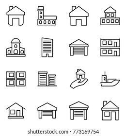 Thin line icon set : home, mansion, cottage, skyscraper, garage, modular house, panel, district, real estate, sea shipping