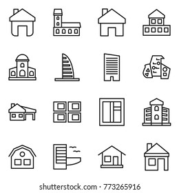Thin line icon set : home, mansion, cottage, skyscraper, modern architecture, house with garage, panel, window, building, hotel